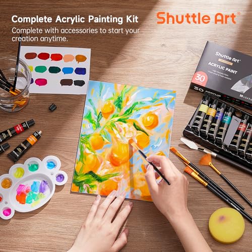 Shuttle Art 46 Pack Acrylic Paint Set, 30 Colors Acrylic Paint with 10 Brushes 3 Canvas 1 Knife Palette Sponge, Complete Gift for Kids, Adults, Beginners, Painting Wood, Ceramic