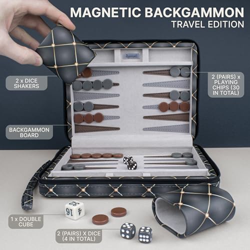 Magnetic Travel Backgammon Sets for Adults - Quality PU Leather Backgammon Board Game for Adults and Kids - 14" Travel Backgammon Board with 32 Magnetic Pieces in PU Leather Case