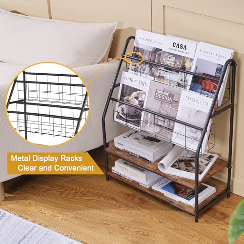 VECELO Magazine Holder Floor,2-Tier Metal Magazine Racks, Newspaper Display Stand with Board Shelves for Books and Brochure in Home Office,Shopping Malls,Indoor&Outdoor Place, Retro Brown