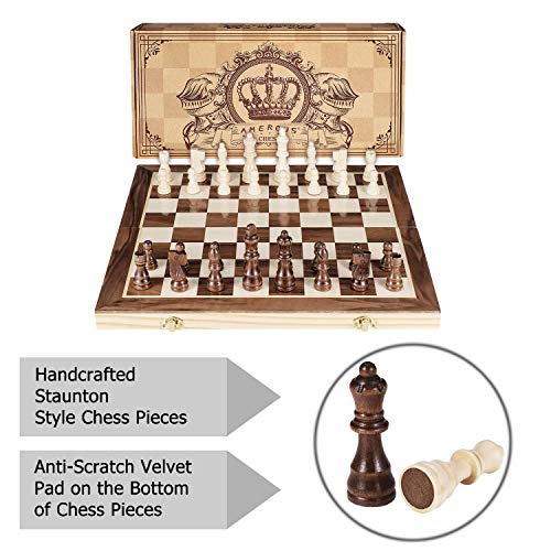 AMEROUS 15 Inches Magnetic Wooden Chess Set - 2 Extra Queens - Folding Board - Pieces Storage Slots, Handmade Portable Travel Chess Game - Beginner Chess Set for Kids, 6 up Age