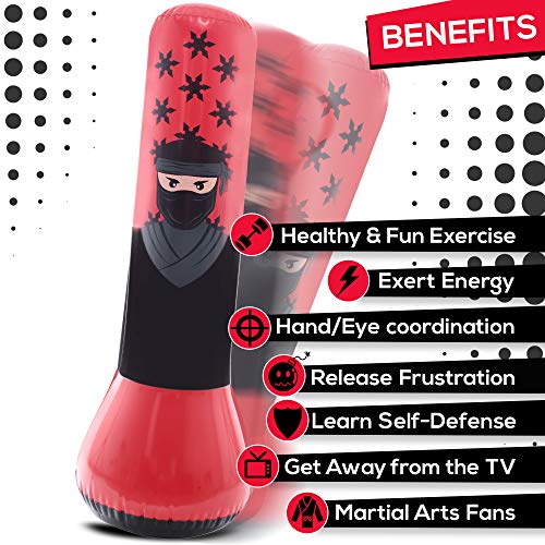 Whoobli Ninja Inflatable Kids Punching Bag, Inflatable Toy Punching Bag for Kids, Bounce-Back Bop Bag for Play, Boxing, Karate, Anger Management, Gift for 3-7 Years Old, Toys Age 3 4 5 6 7; New 2024