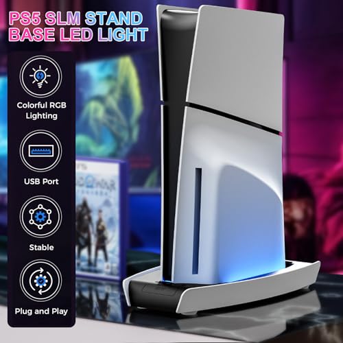 For PS5 Slim Controller Base with RGB Ambient Light, Multi-Functional Cooling Base Stand Holder for PS5 Slim Accessories,Colorful Vertical Lighting Base For PS5 Slim Game Console Disc&Digital Editions