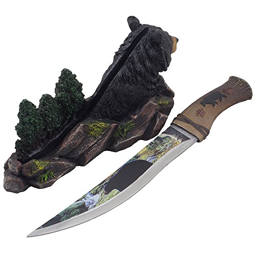 Decorative Black Bear Hunting Knife on Display Stand with Stainless Steel Blade As Rustic Cabin and Lodge Decor Daggers & Knives for Mantel or Shelf Decorations As Gifts for Hunters and Outdoorsmen