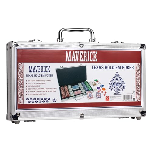 Maverick Texas Hold 'Em Poker Set with Aluminum Case, 300 11 Gram Casino Poker Chips, 2 Decks of Maverick Playing Cards, 5 Red Dice, and 3 Buttons Casino Game for Adults