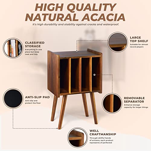 2BHOME Wooden LP Record Player Stand with 4 Cabinets, Holds up to 100 Vinyls, Metal Record Storage Holder and Organizer Table, Classical Design for Files/Book (Mid-Century Modern)