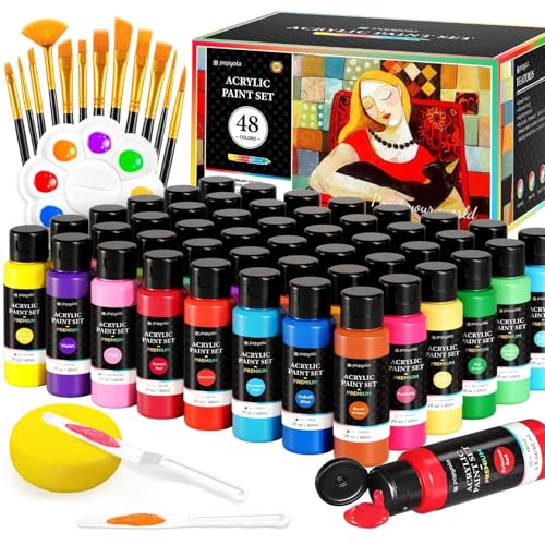 64 PCS Acrylic Paint Set with 12 Brushes, 2 Knives, Palette and Sponge, 48 Colors (60ml, 2oz) Art Craft Paints Gifts for Adults Kids Artists Beginners, Halloween Pumpkin Painting Kit