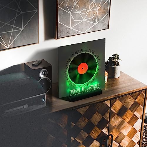 Woodoulogy Now Playing Vinyl Record Stand,Light Up Wooden Album Display Holder with Acrylic Sign, Multi Color LED Now Spinning Hip Hop Record Wood Rack,LP Record Player Accessories Gift