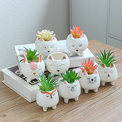 ARTKETTY 8 Pcs Succulent Pots with Drainage, Small Cartoon Animal Planters Ceramic Planter Pot for Indoor Cactus Plants Mini Cute Flower Plant Container for Desk Windowsill Decoration