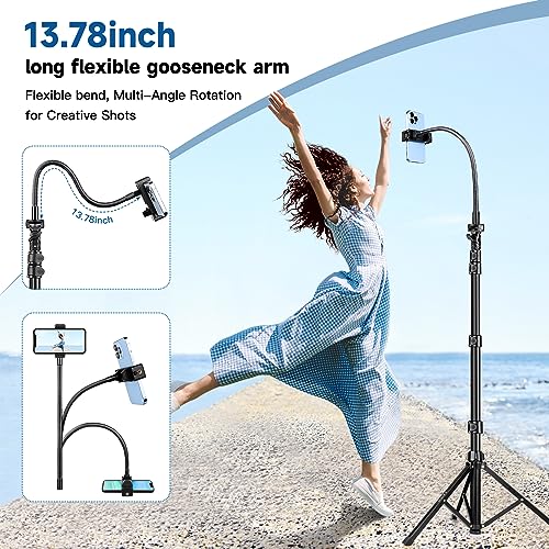 Phone Tripod Stand, 85" Tall Cellphone Tripod with Gooseneck Remote, Flexible Tripod Stand for iphone, Portable Phone Stand Tripod for Recording, Compatible with iPhone 14 13 12 pro Android Cell phone