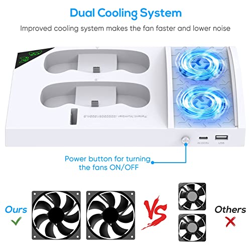 Cooling Fan with Charging Stand for Xbox Series S Console and Controller, Dual Charger Dock Accessories with 2 x 1400mAh Rechargeable Battery and Cover, Headphone Mount for Xbox Series S, White