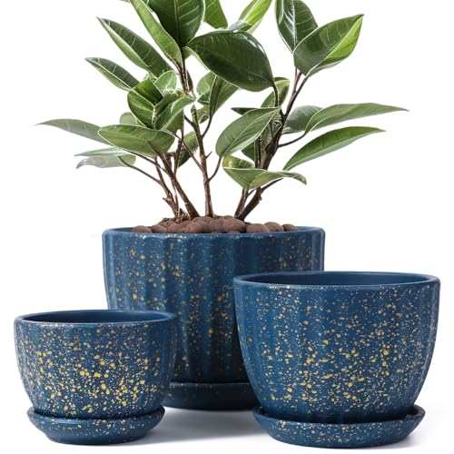 STHIE Ceramic Plant Pots with Drainage Holes and Saucers, Round Blue Flower Pots for Indoor Plant, Diameter 3.3/4.3/5.5 Inches Small Mini Flower Planters Set of 3