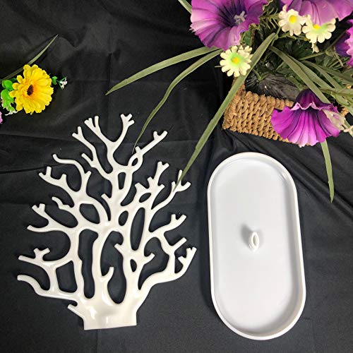 NewFerU Coral Tree Jewelry Hanging Stand Display Table Top Necklace Bracelet Holder Earring Hanger Organizer Rack Tower with a Ring Watch Dish Tray for Women Girls (White)