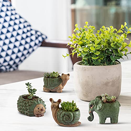 Small Succulent Pots with Drainage, Ceramic Animal Planter, Indoor Plant, Cute Cactus/Bonsai Flower Pots for Home Decor and Office Desk Decoration, A Set of 4 Pieces is Suitable as A Gift