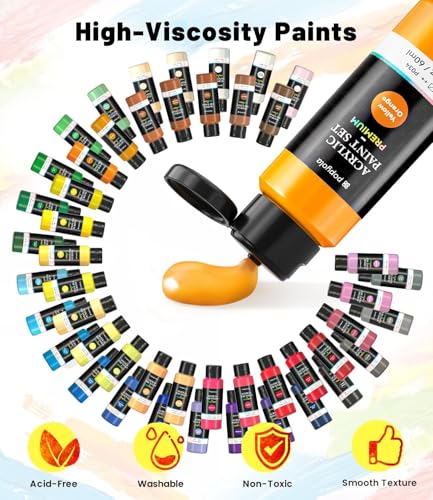 64 PCS Acrylic Paint Set with 12 Brushes, 2 Knives, Palette and Sponge, 48 Colors (60ml, 2oz) Art Craft Paints Gifts for Adults Kids Artists Beginners, Halloween Pumpkin Painting Kit