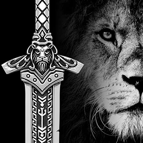 ZiWuark Mens Broken Sword Necklace Lion Head Knight Dragon Sword Pendant Viking Jewelry for Men Women, Silver Lion