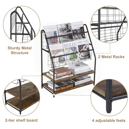 VECELO Magazine Holder Floor,2-Tier Metal Magazine Racks, Newspaper Display Stand with Board Shelves for Books and Brochure in Home Office,Shopping Malls,Indoor&Outdoor Place, Retro Brown