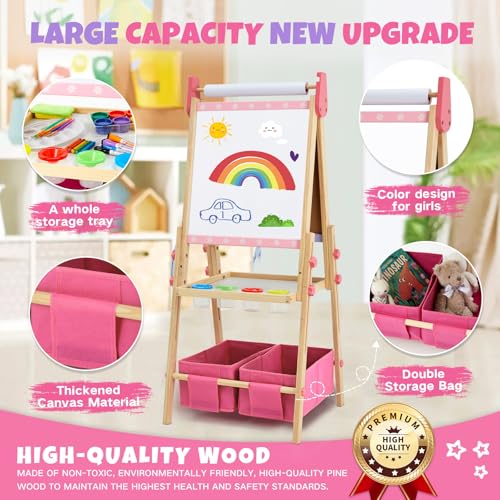 Kids Easel Including 100+ Accessories, Dual-Sided Wooden Easel for Kids Girls Age 3-12 with Magnetic Chalk & Painting Board, Free Height Adjustable Art Easel Supplies for Toddlers (Pink)