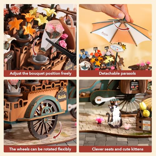 Rolife 3D Wooden Puzzles for Adults, Model Building Kit Flower Cart to Build, Fun Construction Projects Brain Teaser, Arts Crafts Collectible Handcraft Desk Decor Chirstmas Gifts for Family Teens