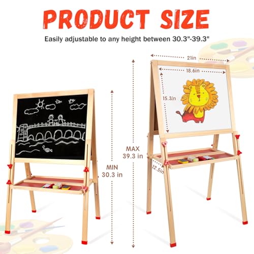 Wooden Art Easel for Kids,Adjustable Double Sided Painting Easel for Toddlers 3,4,5,6,7,8,9,10Years,Foldable Standing Kids Easel with Accessories, Perfect Painting Gifts for Kids Boys&Girls