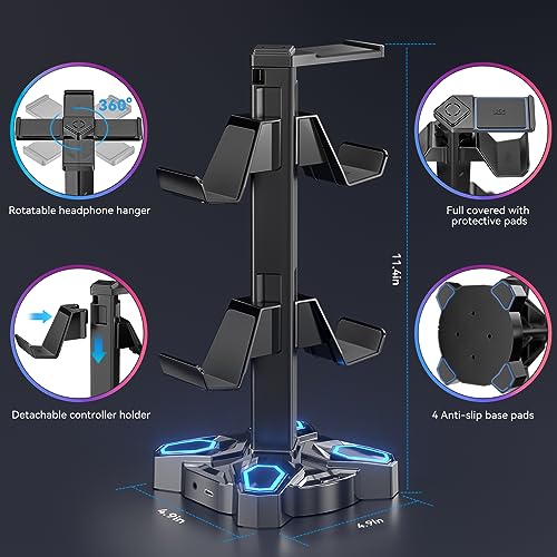 KDD Gaming Headphones Stand, Rotatable Headset Stand with Light Modes - Controller Holder with 2 USB Charging Ports and 3.5mm - Earphone Hanger Accessories for Desktop Gamer(Black)