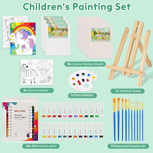 ACGASK 43 Pieces Acrylic Painting Kits for Kids,Non Toxic Arts Supplies and Paint Set for Kids with 6 Canvas Panels,24 Color Paints,15 Paper pad,Table Easels,10 Brushes Etc,Painting Kit Gift