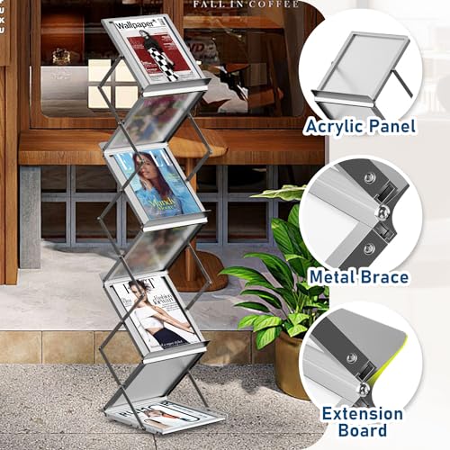 6 Pockets Foldable Aluminum Magazine Rack - Brochure Display Stand, Brochure Catalog Literature Display Stand with Carrying Bag for Exhibition, Trade Show, Office, Retail Store