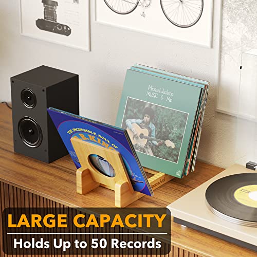 SpaceAid Bamboo Vinyl Record Storage Holder Shelf, Holds Up to 50 Albums, 7 or 12 inch LPs, Vinyl Holder Stand Organizer Display Accessories, Gifts for Vinyl Records Lovers (Natural)