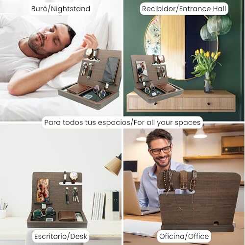 Namore | Nightstand Organizer | Husband Anniversary, Birthday Gift | Wood Phone Docking Station | Wallet, Watch, Keys Organizer | Cool Mens Office Gift for Him, Dad, or Boyfriend