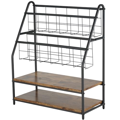 VECELO Magazine Holder Floor,2-Tier Metal Magazine Racks, Newspaper Display Stand with Board Shelves for Books and Brochure in Home Office,Shopping Malls,Indoor&Outdoor Place, Retro Brown