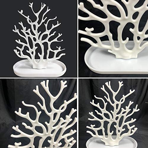 NewFerU Coral Tree Jewelry Hanging Stand Display Table Top Necklace Bracelet Holder Earring Hanger Organizer Rack Tower with a Ring Watch Dish Tray for Women Girls (White)