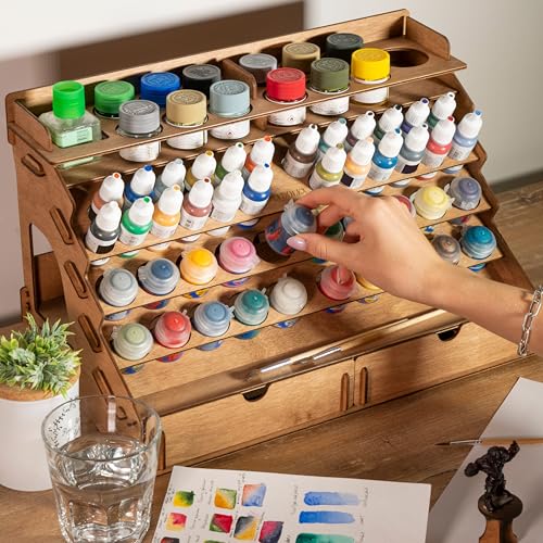 Plydolex Wooden Craft Paint Storage Rack with 58 Holes for Paint Bottles - Hand Craft Paint Holder Rack with 4 Miniature Stands and Removable Upper Shelf - Paint Organizer for Miniature Paint Set