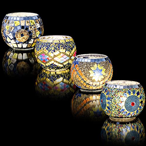 DEAYOU 4 Pack Glass Candle Holders Mosaic, Decorative Glass Tealight Votive Holder Bowl, Scented Candle Stand for Lighting Decor, Gift, Aromatherapy, Also Used as Vase, Pen Holder, Potted Plant Bowl