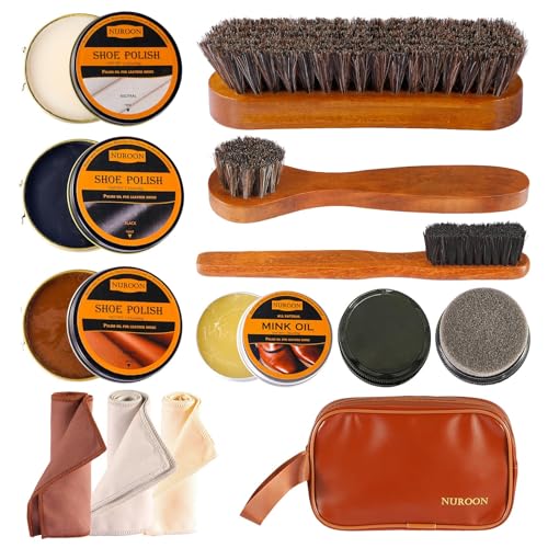 13Pcs Shoe Care Kit for Men & Women,3 Horsehair Shoe Polish Brush,Black Brown Neutral Mink Oil for Shoes,Care for Leather Boots, Shoe Cleaning Kit as Gift for Men with Shine Sponges & Care Cloth