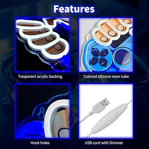 Game Controller Neon Sign for Gamer Room Decor USB Powered Dimmable LED Game Neon Lights for Boys Teen Bedroom Decorations, Game Room Accessories Wall Decor Birthday Gifts(White)