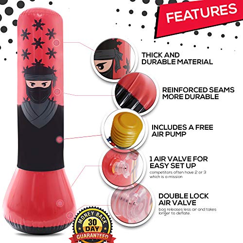 Whoobli Ninja Inflatable Kids Punching Bag, Inflatable Toy Punching Bag for Kids, Bounce-Back Bop Bag for Play, Boxing, Karate, Anger Management, Gift for 3-7 Years Old, Toys Age 3 4 5 6 7; New 2024