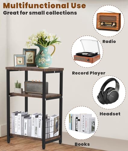 Tuohours Record Player Stand, 3 Tier End Side Table with Vinyl Record Storage Basket, Turntable Table up to 100 Albums Record Shelf Display Holder Cabinet for Living Room, Bedroom, Office