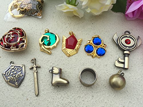 Andrew Jas Unisex The Legend of Zelda Twilight Princess & Hylian Shield & Master Sword finest collection sets keychain/necklace/jewelry series (Red-10set)