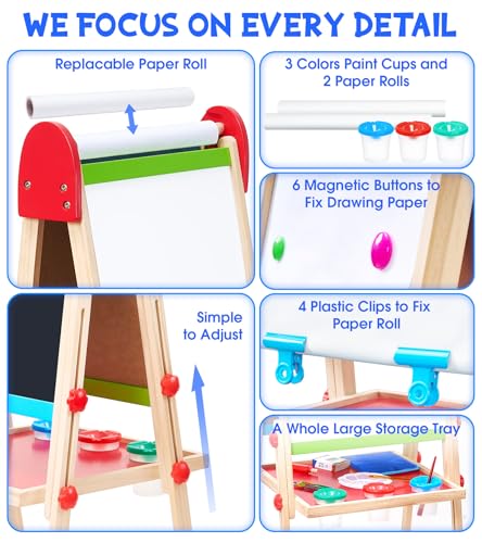 Art Easel for Kids, 3 in 1 Adjustable Double Sided Kids Easel with Magnetic Whiteboard, Chalkboard, 2 Paper Rolls and Accessories, All in One Wooden Toddler Easel, Art Easel for Kids Ages 2-4 4-8 8-12