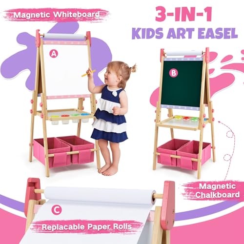 Kids Easel Including 100+ Accessories, Dual-Sided Wooden Easel for Kids Girls Age 3-12 with Magnetic Chalk & Painting Board, Free Height Adjustable Art Easel Supplies for Toddlers (Pink)