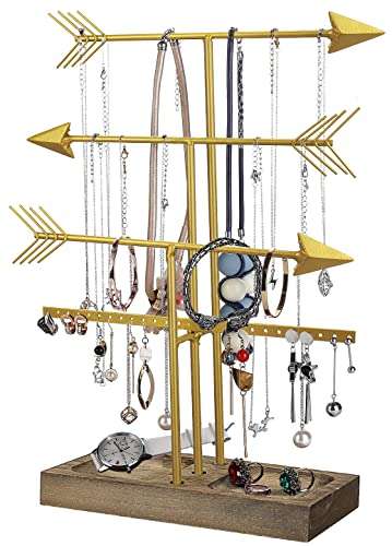 Urban Deco Arrow Jewelry Organizer Stand 4-Tier Gold Jewelry Stand Necklace Organizer With Wooden Ring Holder For Jewelry Display Bracelet Holder Stand Earring Organizer For Girls - Gold