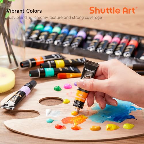 Shuttle Art 46 Pack Acrylic Paint Set, 30 Colors Acrylic Paint with 10 Brushes 3 Canvas 1 Knife Palette Sponge, Complete Gift for Kids, Adults, Beginners, Painting Wood, Ceramic