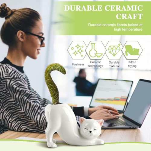 Ceramic Tailless Cat Succulent Pot, Cute Kitty Succulent Indoor Flower Pot, Novelty Cat Tail Planter Pot for Indoor Plants, Succulents, Flowers, Cactus, Mini Home Decor Planter