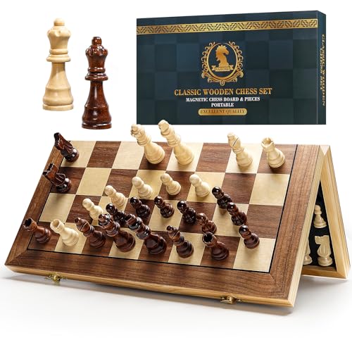 Magnetic Chess Board Set for Adults & Kids, 15" Wooden Folding Chess Boards, Handcrafted Portable Travel Chess Game with Pieces Storage Slots