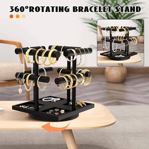 Alytree 2-Tier Rotating Bracelet Display Stand, Wooden Jewelry Bracelet Display Holder-4 Removable Holders, Bracelet Organizer for Bangles, Necklaces, Bracelets, Rings, Earrings and Watch, Black