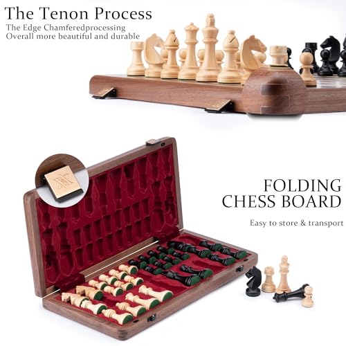 A&A Premium Natural Walnut Folding Chess Set, w/ 15" Board & 3" King Height Staunton Chess Pieces, Includes 2 Extra Queens and a Storage Bag