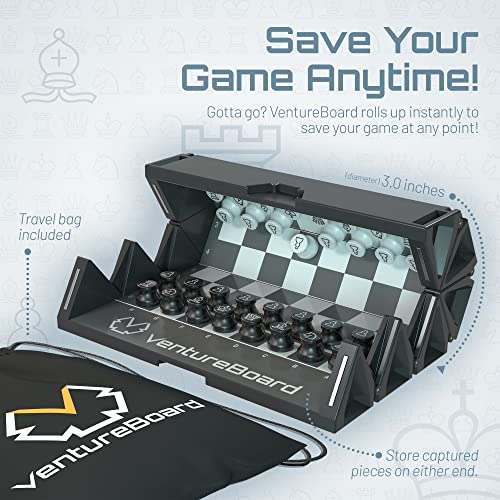 VENTUREBOARD 6 Inches Magnetic Unique Chess Set Board Game - 2 Extra Queens - Folding Board, Portable Travel Chess Board Game Pieces - Black/Grey