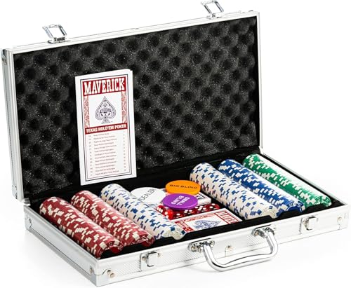 Maverick Texas Hold 'Em Poker Set with Aluminum Case, 300 11 Gram Casino Poker Chips, 2 Decks of Maverick Playing Cards, 5 Red Dice, and 3 Buttons Casino Game for Adults