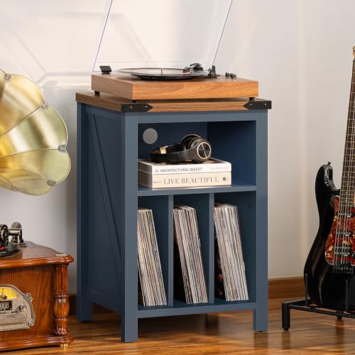 Joaxswe Record Player Stand with Vinyl Record Storage,Navy Blue Record Player Table Holds up to 160 Albums,Large Wood Turntable Stand Cabinet Dispaly Shelf for Living Room,Bedroom,Office