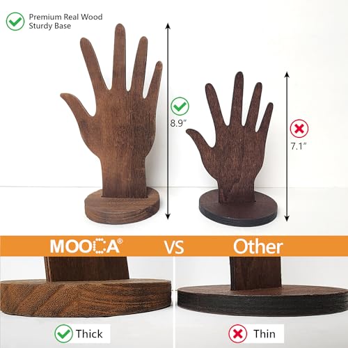 MOOCA 6 Pcs Set Real Wooden Hand Form Jewelry Display, 2-Way Design for Wall Hanging or Standalone Mannequin Finger Hand Display, Premium Real Wood Sturdy Base, Brown Color