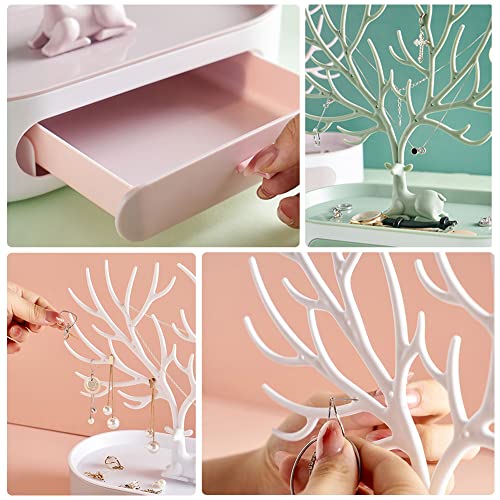 MOJUN Antlers Jewelry Display Stand with Drawers, Necklace Earring Bracelet Jewelry Organizer Display Stand, Plastic Jewelry Tree Ideal Gift for Women, White